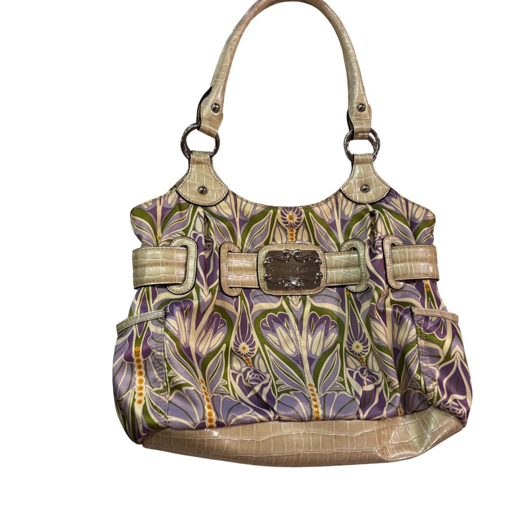 Sienna Ricchi Floral Art Nouveau Shoulder Bag Purple Green Croc Trim Hobo Y2K